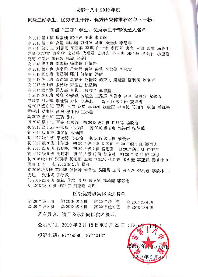 2019年度區(qū)級三好學(xué)生、優(yōu)秀學(xué)生干部、優(yōu)秀班集體推薦名單